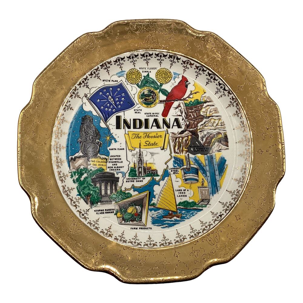 Rare Vintage Crest-O-Gold 9" INDIANA Collectors Plate Hoosier History 22K Gold